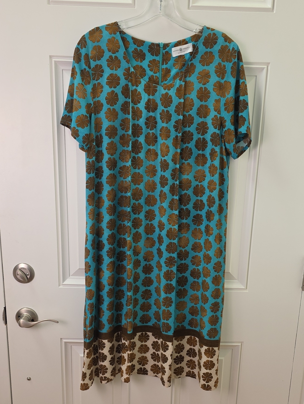 Turquoise and Brown Floral Midi Shift Dress with Contrast Hem. Size Small